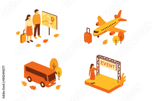 Traveling through autumn leaves for an exciting event with friends, planning routes, and enjoying the journey