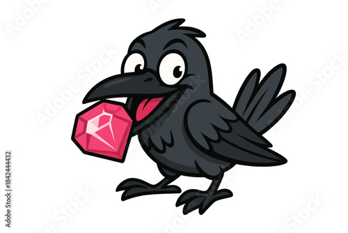 Cheerful cartoon raven character holding a large sparkling pink diamond gem in its beak