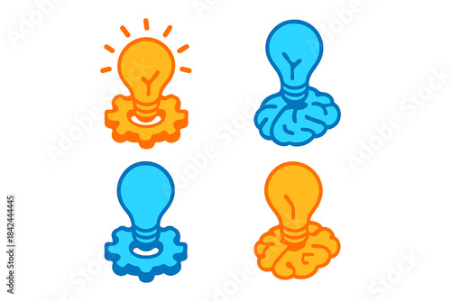 Icon set featuring light bulbs, brains, and gears symbolizing creative thinking and mechanical innovation