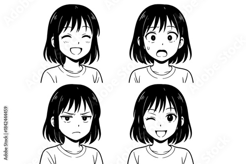 Expressions of a young girl showcase various emotions in a clear, animated style