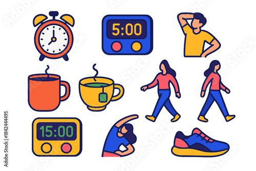 Morning routines with clocks, beverages, and walking activities illustrated in vibrant colors