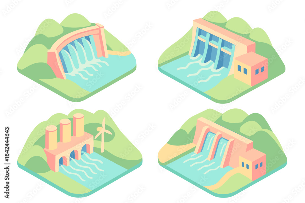 Fototapeta premium Isometric hydroelectric dams and renewable energy power plants generating electricity