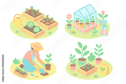 Gardening activities in different stages with planting, nurturing, and greenhouse setup in a sunny environment