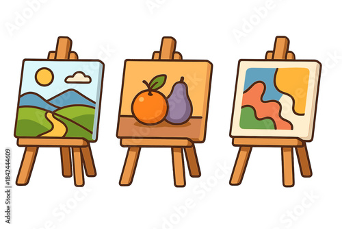 Three paintings displayed on wooden easels featuring landscape, still life, and abstract art