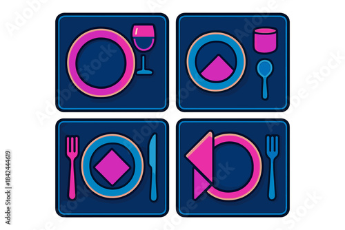 Colorful table setting icons show different dining arrangements for various meals