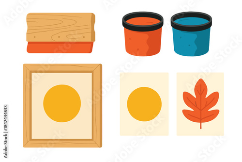 Screen printing equipment set with squeegee, ink containers, frame, and finished textile prints