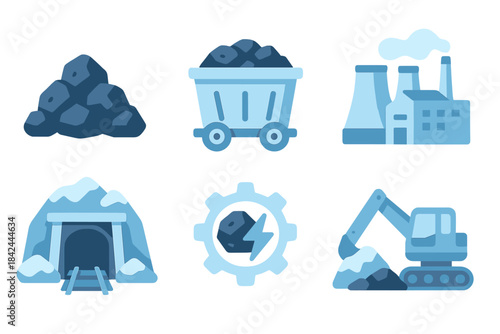 Coal mining activities and machinery illustrations depicting extraction and production processes