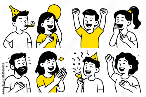 Celebration moment with joyful people in party hats and lively expressions