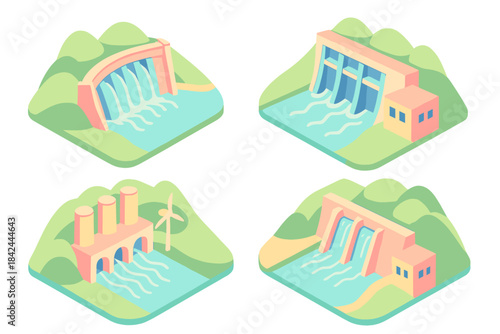 Isometric hydroelectric dams and renewable energy power plants generating electricity
