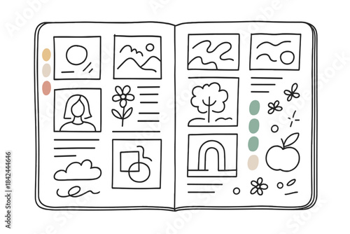 Open sketchbook pages with minimalist hand-drawn doodles, abstract shapes, nature elements, and color swatches