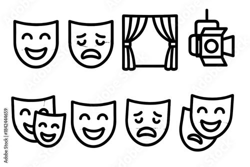 Drama and theater icons set featuring comedy and tragedy masks, stage curtain, and spotlight
