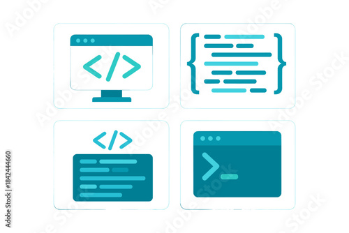 Various coding symbols and icons displayed on white background showcasing programming concepts and web development tools