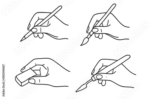 Hands holding art tools: pencil, paintbrush, eraser, and craft knife set