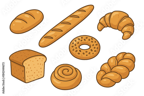 Variety of baked goods including loaves, croissants, and doughnuts on a white background