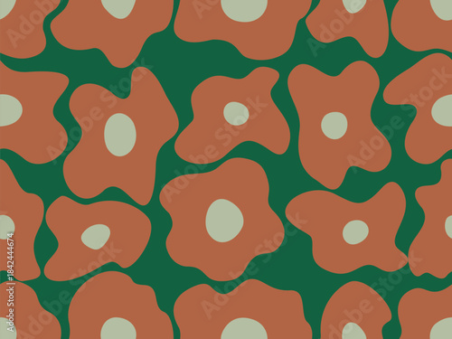 Abstract stylized flowers with rounded petals in terracotta and sage green, seamless pattern