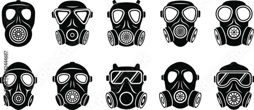Vector Illustration Set of Gas Mask Silhouettes, Including Various Respirator Styles for Protection Against Chemical, Biological, and Radiological Hazards, Ideal for Safety and Danger Graphics