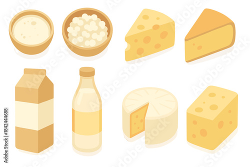Variety of dairy products displayed on a simple white background, showcasing different shapes and textures suitable for recipes