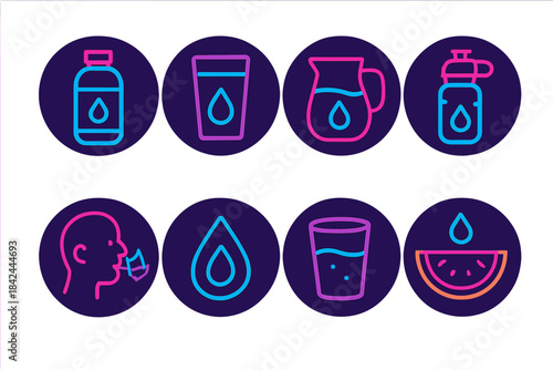 Water-related icons displaying hydration concepts with colorful designs in a simple layout