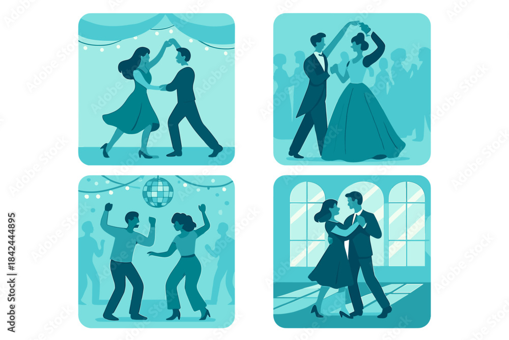 Fototapeta premium Elegant couples dance at a festive event celebrating music and joy in beautifully decorated surroundings