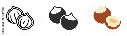 Three hazelnuts in different styles line black and colored white
