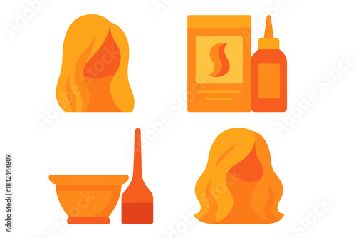 Hair coloring process with dye kit, mixing bowl, application brush, and vibrant orange hairstyles