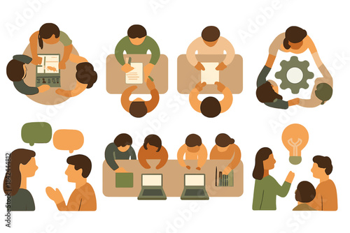 Overhead view of diverse business teams working together, signing documents, and generating new ideas