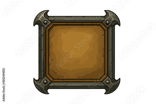 Rustic wooden frame with metallic accents designed for displaying art or signs in a medieval or fantasy setting