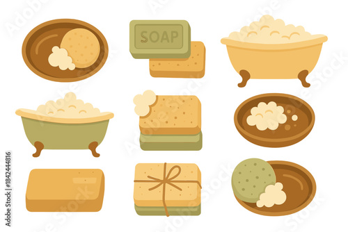 Fun and colorful collection of bath essentials including soap, sponges, and bubbles