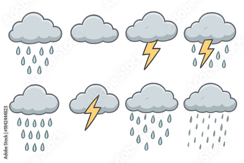 Variety of weather symbols depicting rain and lightning in a simple and clear design
