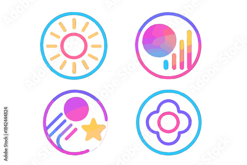 Abstract geometric symbols featuring sun data signal star and flower shapes