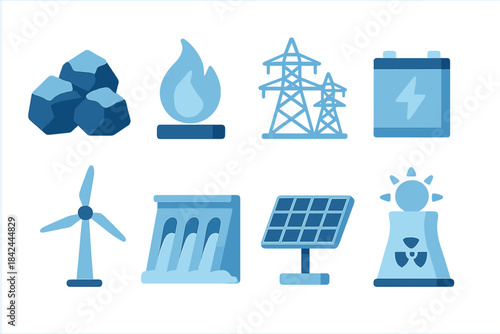 Monochromatic energy source icons set including fossil fuels and renewable power symbols