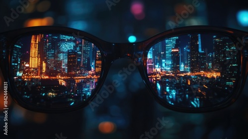 City Lights Through Eyeglasses. Nighttime Cityscape Reflected in a Pair of Spectacles. Vision, Urban Life, Perspective Concept