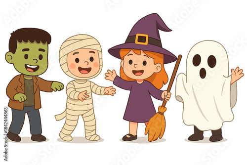 Four children dressed in Halloween costumes having fun at a festive celebration in a joyful atmosphere with colorful decorations