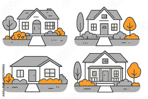 Various styles of cozy houses in a colorful garden setting during sunny weather