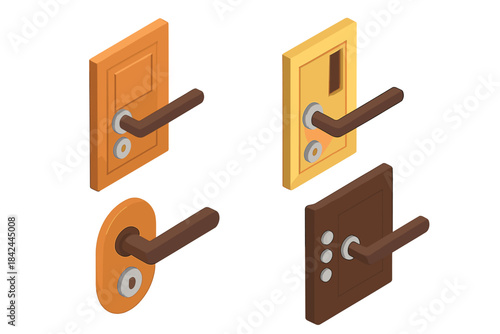 Various colorful door handles and locks displayed in a simple arrangement