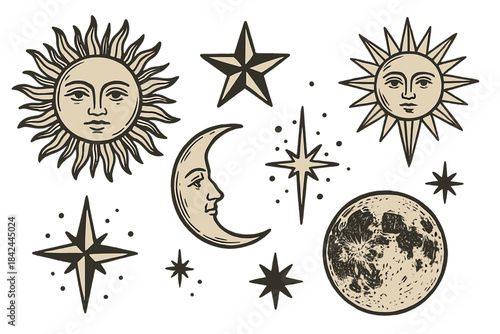 Intricate celestial designs featuring suns, moons, and stars in detailed illustrations
