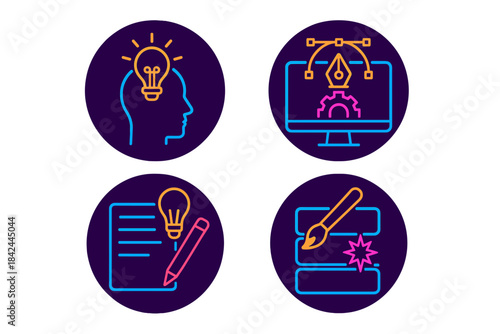 Creative process illustrated through vibrant icons representing brainstorming, design, and writing