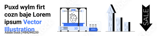 Technology, 3D printing, business growth, sales, innovation, medical design. A 3D printer, growth bar chart and sale arrow icon. 3D printing and business growth s