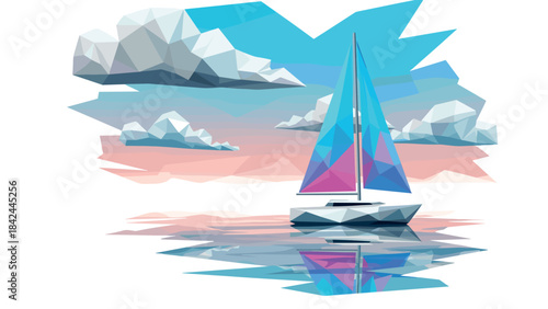 Geometric sailboat and clouds on tranquil water at sunset