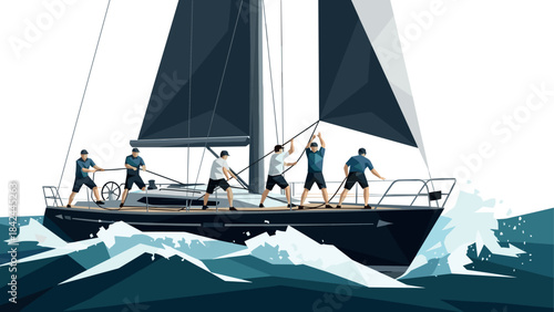 Dynamic sailing adventure on the ocean waves with crew in motion