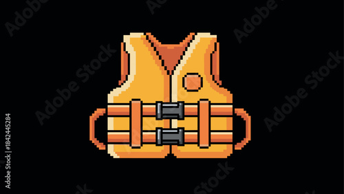 Pixel art life jacket on black background for maritime safety