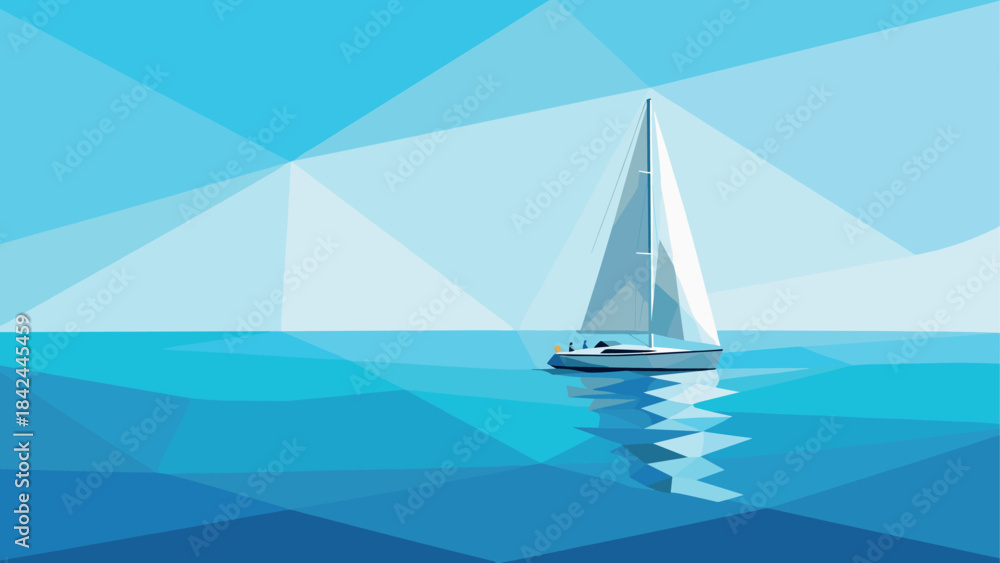 Obraz premium Geometric sailboat on tranquil blue sea with abstract polygonal sky