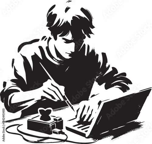 Creative developer using digital tools in a minimalist japanese