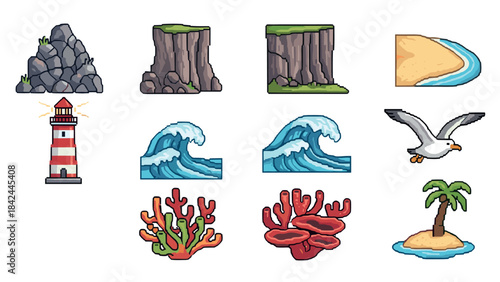 Pixel art coastal elements collection: waves, cliffs, lighthouse, and beach
