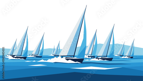 Racing sailboats in ocean waves with minimalist blue tones