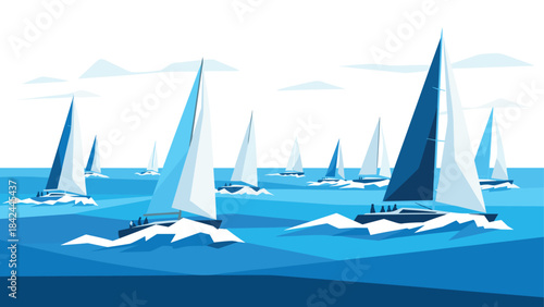Sailboats on the ocean in a modern geometric art style