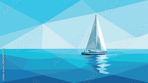 Geometric sailboat on tranquil blue sea with abstract polygonal sky