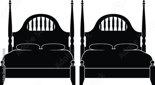 Twin vintage wooden bed silhouettes with tall carved posts, classic bedroom furniture design elements for antique home decor vector illustration, black silhouette