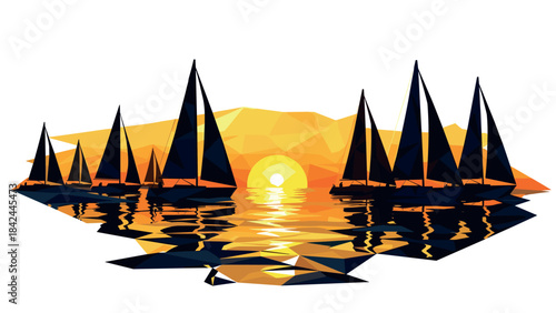 Geometric sailboats at sunset on tranquil water with reflective horizon