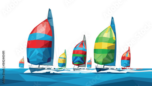 Colorful low poly sailing boats on waves with geometric sails and blue ocean